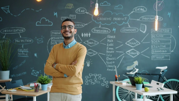 Man smiling with arms crossed in front of mind map